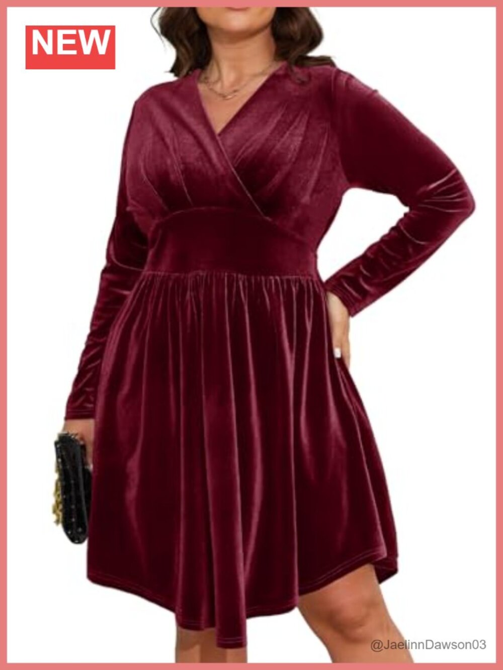 Plus Size Velvet Long Sleeve V-Neck Wrap Cocktail Dress with Pockets